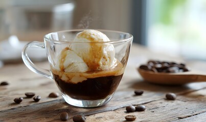 an affogato, creamy vanilla gelato scoop melting into freshly brewed espresso, served in a clear glass cup on a rustic wooden table, surrounded by scattered coffee beans
