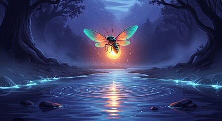 Glowing Butterfly Over Water - A Magical Night Scene.