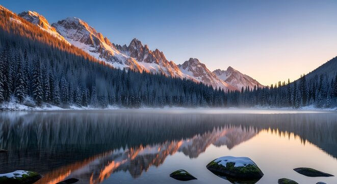 Mountain Lake Reflection at Sunrise with Snow-Covered Pines and Peaks