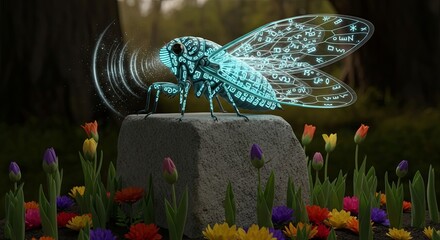 Glowing Cicada on Stone in Flower Garden.