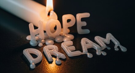 Burning Candle Illuminates "Hope Dream" Words, Symbolic of Aspirations and Beliefs.