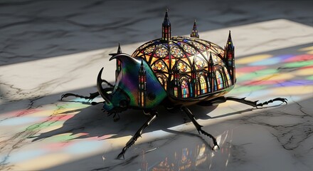Intricate Beetle Sculpture with Stained Glass and Architectural Details.
