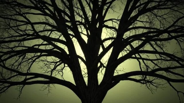 A silhouette of a large, bare tree against a muted green-toned sky. The twisting branches reach upwards, creating an eerie, gothic atmosphere. The absence of leaves suggests autumn or winter. This cli