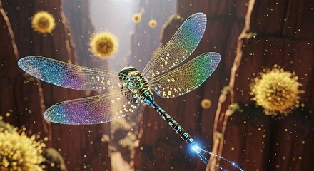 Iridescent Dragonfly in a Dreamy Landscape with Pollen.