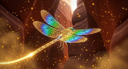 Iridescent Dragonfly with Golden Trail in Dreamy Setting.