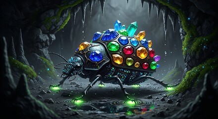 Jeweled Beetle in Cave - A Fantasy Insect with Gemstones.