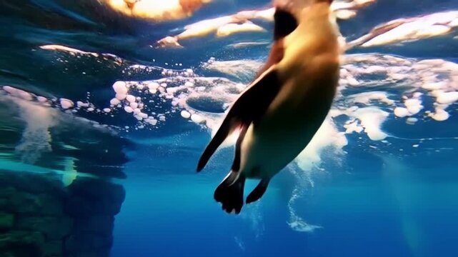 An underwater view of a penguin swimming swiftly in deep blue water, with its flipper and feet propelling it as it glides past ice and light from the surface.