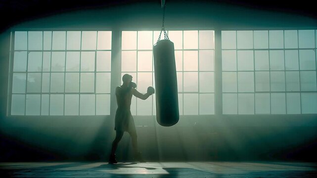 Silhouette Boxer: Witness the dedication of a determined boxer as he hones his craft, the punching bag a silent witness to his relentless pursuit of physical and mental mastery.