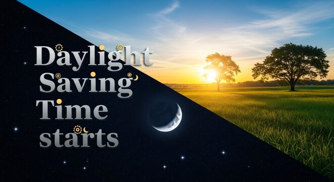 Daylight Saving Time Begins Sunrise Sunset Field Spring Forward Change Clocks Illustration