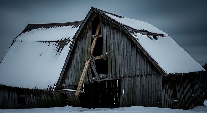 Old Wooden Barn with Snow Covered Roof in Dark Overcast Sky - Powered by Adobe