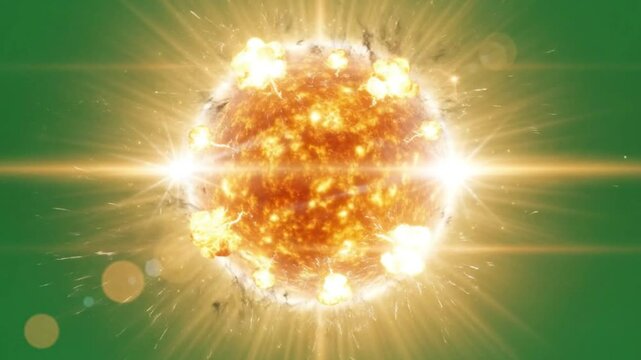 A spherical, orange-textured celestial body radiating intense light and energy against a green background. Beams of light emanate from the sphere, creating a dynamic and visually striking effect. The 