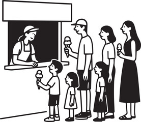 Minimal Black and White Line Art People Buying Ice Cream