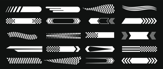 Bold racing stripe vector elements featuring dynamic shapes and high-contrast black and white designs. Ideal for automotive decals, sports graphics, and speed-themed artwork. Modern, sleek, and custom