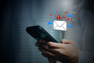 Hand holding phone with email warning alert, security awareness, risk attention, digital caution mindset, information protection, threat prevention workflow, cybersecurity concept
