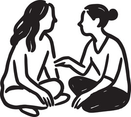 Minimal Ink Line Art &ndash; Two Friends Sitting and Talking