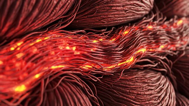 Muscle fibers contracting in synchronized waves, red and orange gradients flowing through tissue