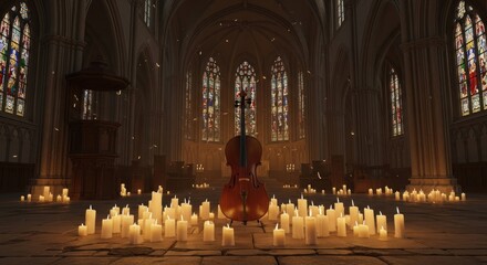 Cello in Lit Cathedral: Serene Ambiance, Candlelight, Stained Glass, Gothic Architecture.