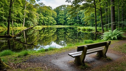 Bench near a pond in a forest with trees reflecting in the water and green foliage