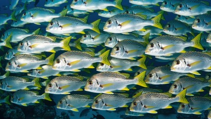 Fototapeta premium A large school of silver and yellow sweetlips fish swimming together in the clear blue ocean water