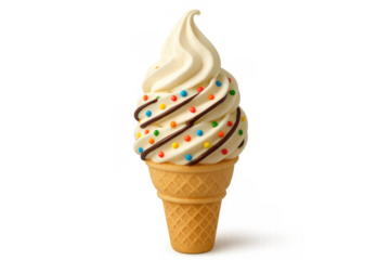 Soft serve vanilla ice cream on a waffle cone with chocolate syrup and colorful sprinkles, a sweet frozen dessert. Transparent background