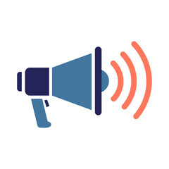 A blue megaphone icon with a dark handle and red sound waves, symbolizing announcements, promotion, alerts, and digital communication in modern interfaces.