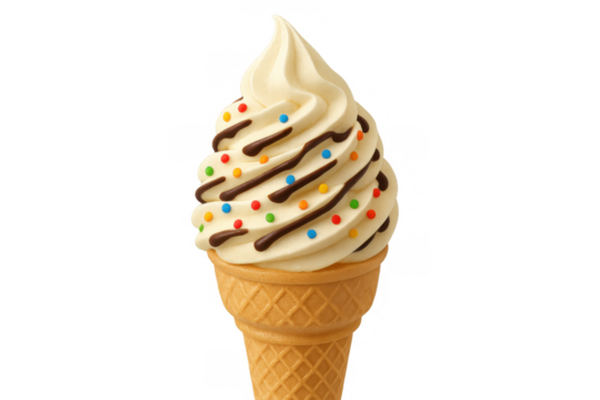 Vanilla soft serve ice cream cone with chocolate syrup drizzle and colorful sprinkles on transparent background