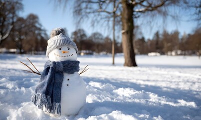 Naklejka premium snowman with hat scarf and arm in the park sunny day
