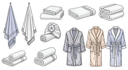 A collection of soft and absorbent bath linens and comfortable robes for home spa relaxation.