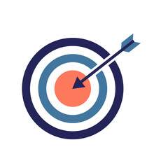 A flat vector bullseye target with blue concentric circles and an arrow hitting the orange center, symbolizing goals, accuracy, achievement, and focus.