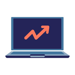 A flat vector icon of a laptop displaying an upward-trending graph, symbolizing data analysis, business growth, reporting, and performance monitoring.