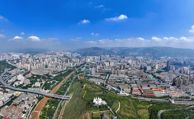 Aerial photography of Fenghuangshan Gongbei Fenghuangtai in Nanshan Park, Xining City, Qinghai Province