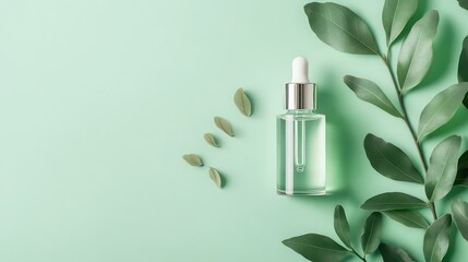Bottle of natural serum with green leaves on a light green background