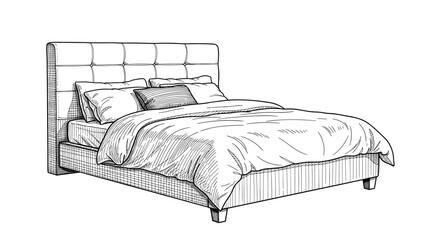 Obraz premium A comfortable upholstered bed with a tufted headboard and a cozy duvet is shown in this drawing.