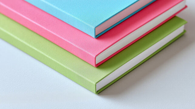 stack of colorful books, colorful notebooks, pastel stationery stack, bright office supplies, spiral bound journals, minimal flat lay, study essentials, soft color palette, modern desk