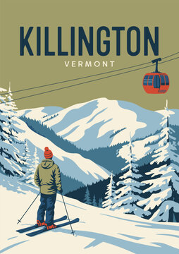 Killington Vermont Ski Resort Poster &ndash; Retro Vintage Travel Illustration, Snowy Mountain Landscape, Winter Sports Artwork, Outdoor Adventure Banner, Tourism Promotion, USA Travel Destination Vector De