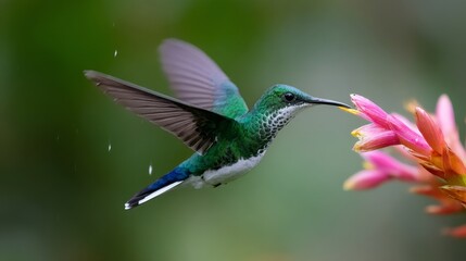 Fototapeta premium Graceful hummingbird hovering with shimmering emerald feathers, rapid wing motion, delicate feeding behavior captured while drinking nectar from a vivid tropical flower in a bright natural environment