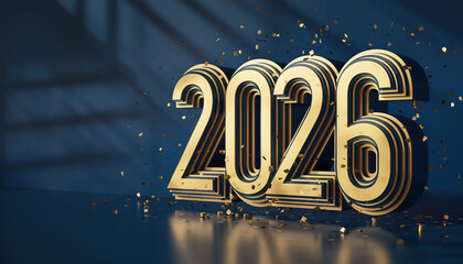 Golden 2026 numbers gleam with falling confetti, celebrating New Year's Eve.