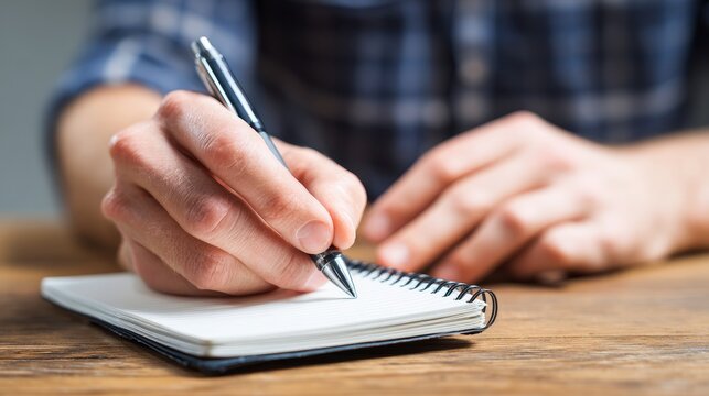 Focused young man writing on a notepad in a closeup view, his hand steady as he takes clear notes, capturing a moment of concentration, study, and personal organization in a calm workspace setting