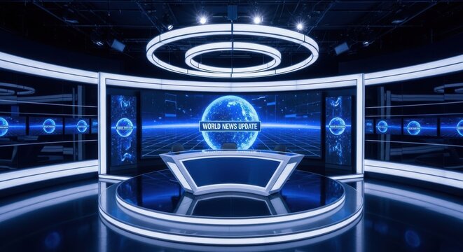 Futuristic news studio with a large screen displaying a globe and modern desk, blue neon lights - Powered by Adobe