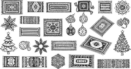 Hand-drawn Sketch Set of Diverse Rugs, Carpets, and Festive Holiday Decor Illustrations, including Christmas Trees, Ornaments, Snowflake, and Leaf.