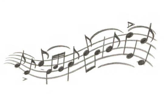 Musical notes and flowing staff lines forming a sketch-like composition. Transparent background for versatile design use