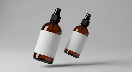 Two amber glass spray bottles with white labels floating image