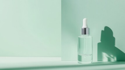 Clear serum bottle with dropper on a light green background, in studio