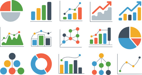 Colorful Collection of Data Visualization Charts Pie, Bar, Line, and Network Graph Illustrations