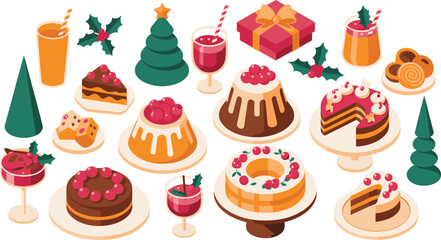 Isometric Christmas dessert collection with festive cakes, puddings, pastries, holiday drinks, holly decorations and seasonal sweets for winter celebration