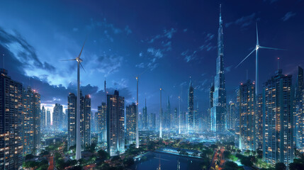 Futuristic city night view blending wind turbines and skyscrapers, river reflecting lights, tech and eco-friendly concept background