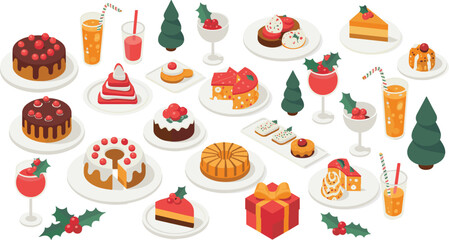Isometric Christmas desserts collection with festive cakes, pastries, cookies, drinks, holly decorations and holiday sweets for winter celebration
