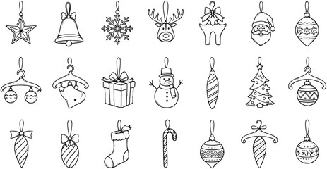 Hand-Drawn Christmas Ornaments Doodle Set. Festive Holiday Decorations Collection. Line Art of Baubles, Santa, Snowman, Reindeer, Tree, Star, Bell, Snowflake, Gift, Stocking  Candy Cane.