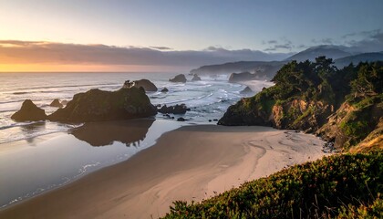 A coastal scene at dawn. Golden sunlight illuminates a sandy beach, rocky outcrops, and rolling waves. Lush greenery adorns the cliffs
