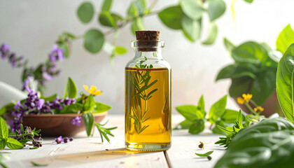 Amber glass dropper bottles and mint leaves, peppermint oil in a bottle with a pipette
